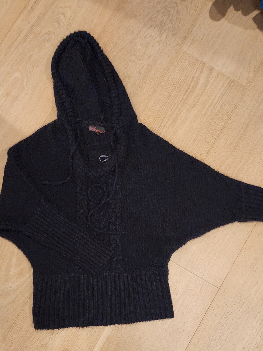 Takeout Black Hooded Cable Knit Sweater